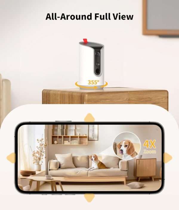 Cámara para mascotas con dispensador de golosinas, Wi-Fi 2K 360°, visión nocturna a color.