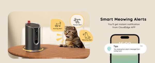 Cámara Wi-Fi para mascotas con dispensador de golosinas y seguimiento automático 360 grados.