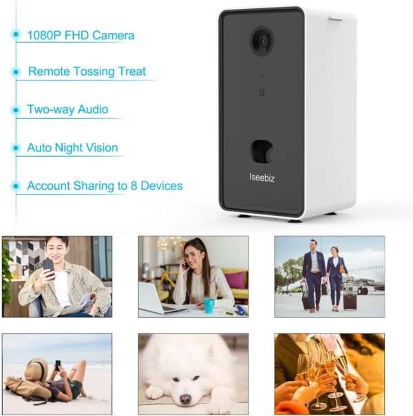 Cámara para mascotas con dispensador de golosinas, conectividad Wi-Fi, visión nocturna y detección de movimiento.
