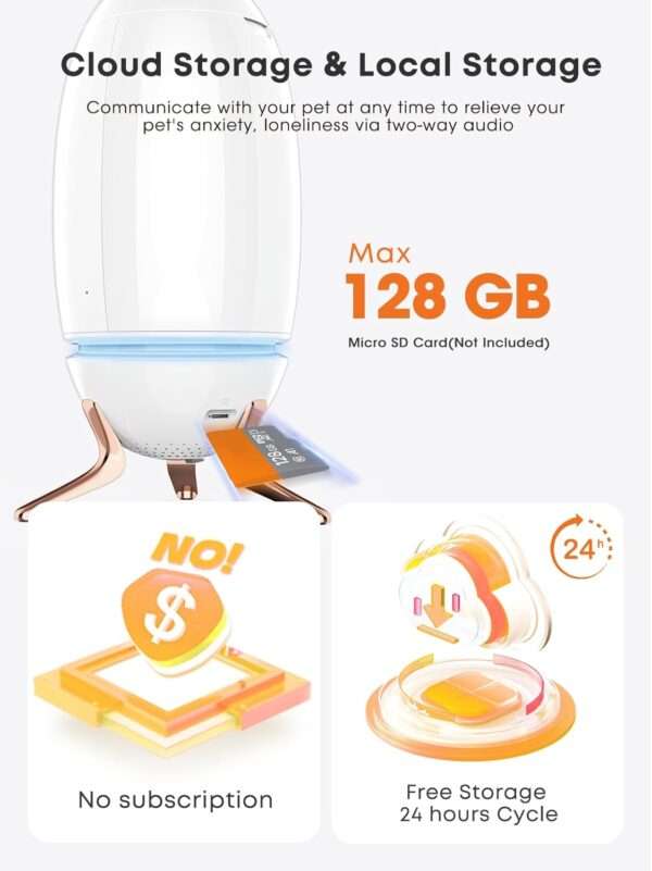 Cámara para mascotas Wi-Fi 2K con dispensador de golosinas y visión de 360 grados.