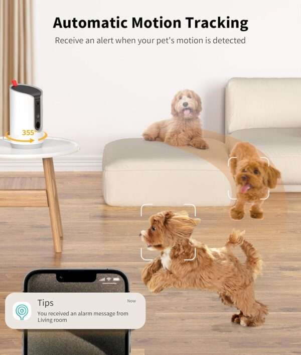 Cámara para mascotas con dispensador de golosinas, Wi-Fi 2K 360°, visión nocturna a color.