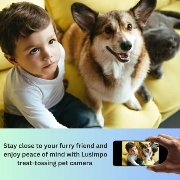Cámara para mascotas con dispensador de golosinas, visión nocturna y detección de movimiento, conectividad Wi-Fi.