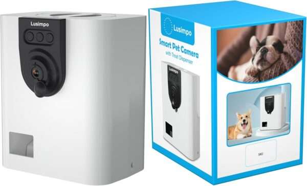 Cámara para mascotas con dispensador de golosinas, visión nocturna y detección de movimiento, conectividad Wi-Fi.