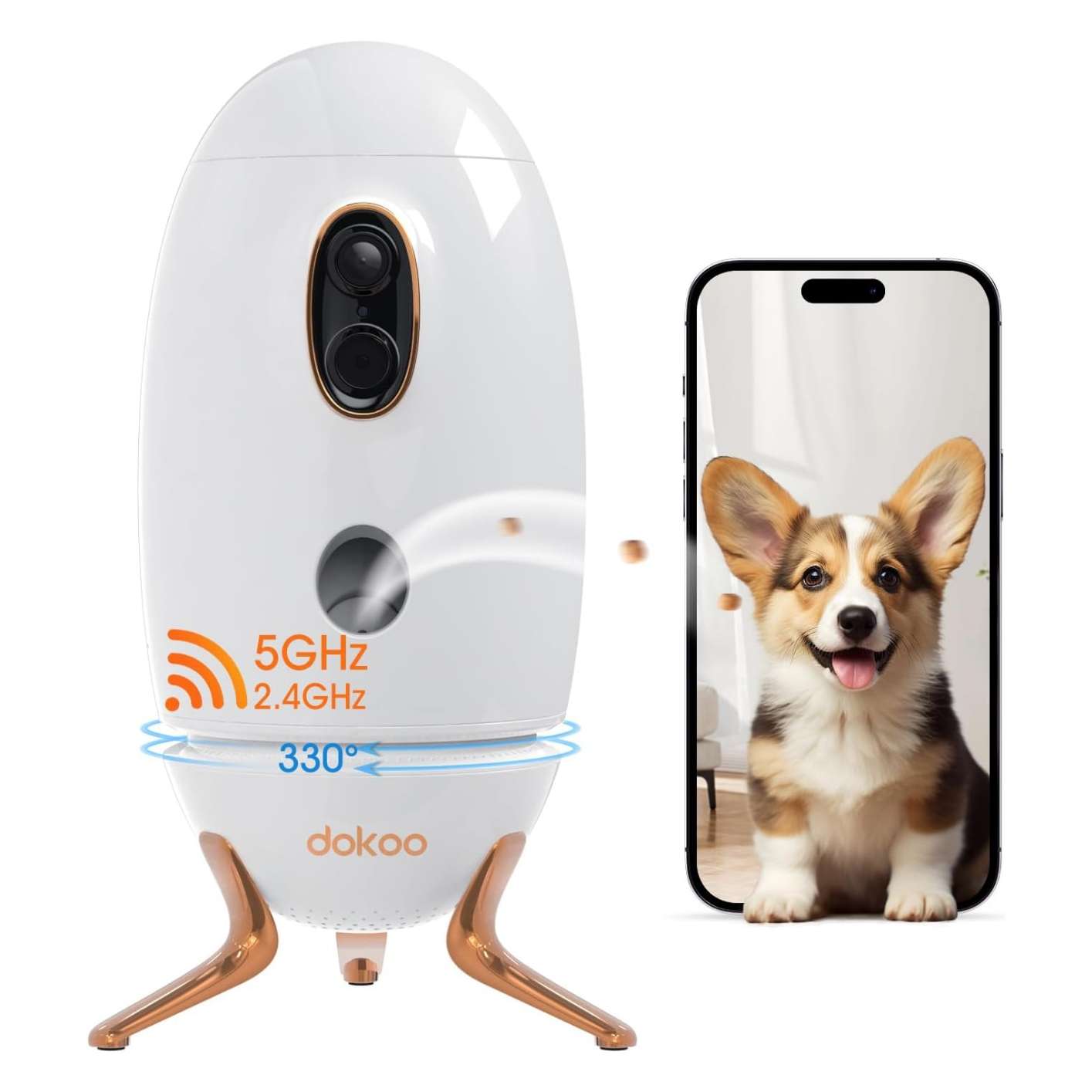 Cámara para mascotas Wi-Fi 2K con dispensador de golosinas y visión de 360 grados.