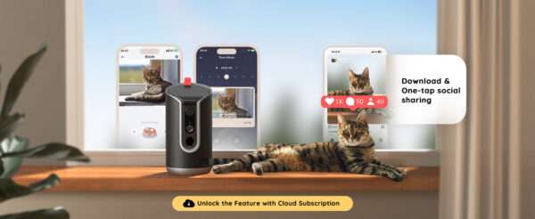 Cámara Wi-Fi para mascotas con dispensador de golosinas y seguimiento automático 360 grados.