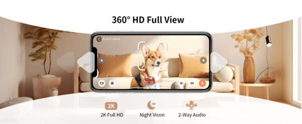 Cámara para mascotas con dispensador de golosinas, Wi-Fi 2K 360°, visión nocturna a color.