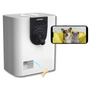 Cámara para mascotas con dispensador de golosinas, visión nocturna y detección de movimiento, conectividad Wi-Fi.