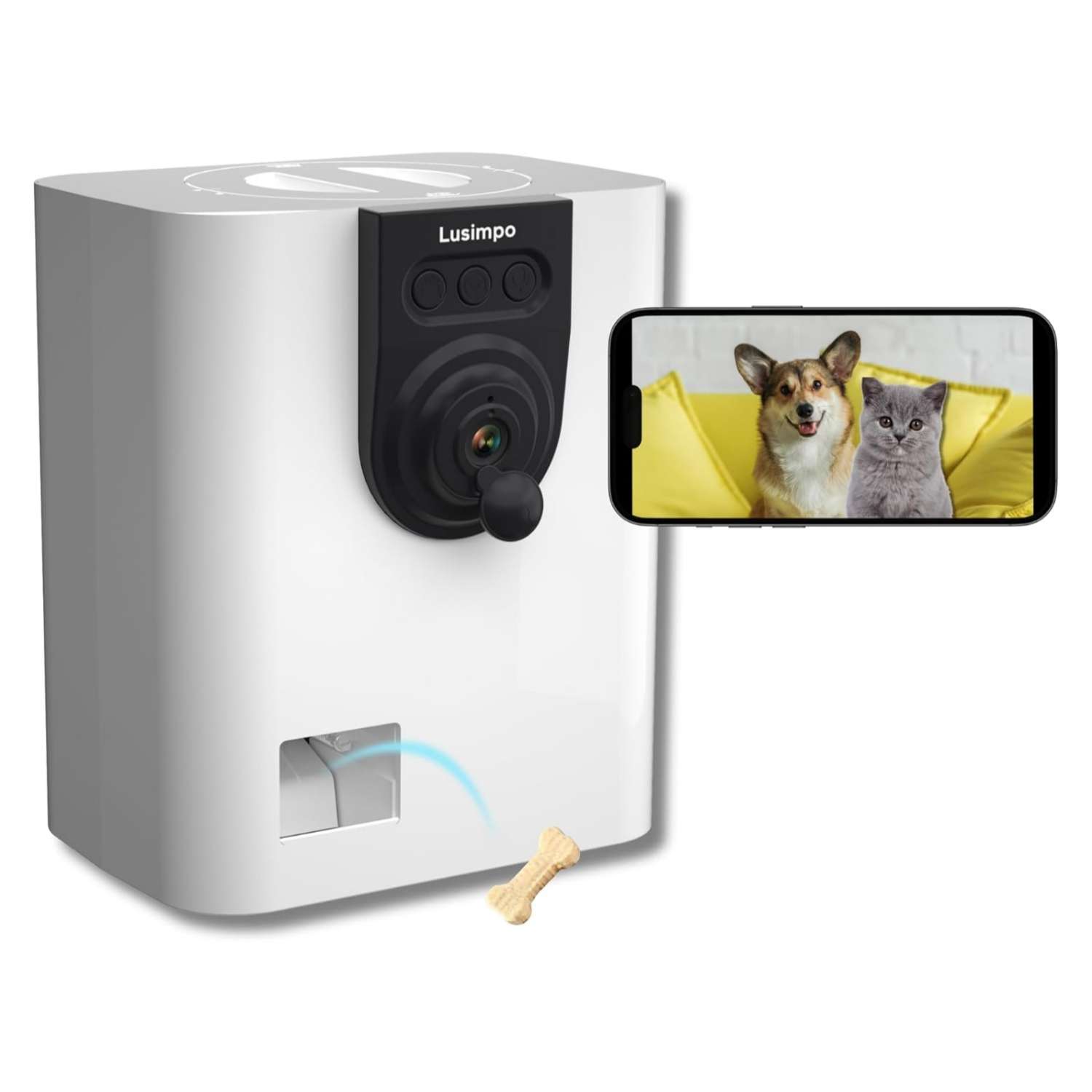Cámara para mascotas con dispensador de golosinas, visión nocturna y detección de movimiento, conectividad Wi-Fi.