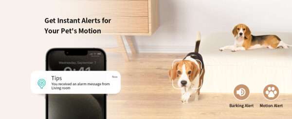 Cámara para mascotas con dispensador de golosinas, Wi-Fi 2K 360°, visión nocturna a color.