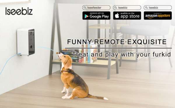 Cámara para mascotas con dispensador de golosinas, conectividad Wi-Fi, visión nocturna y detección de movimiento.