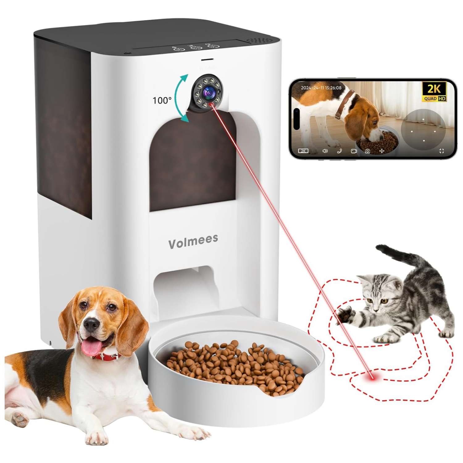 Comedero automático Wi-Fi Dual Band para gatos con cámara 2K y láser interactivo.