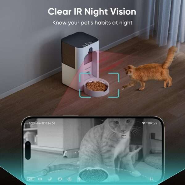 Comedero automático Wi-Fi Dual Band para gatos con cámara 2K y láser interactivo.