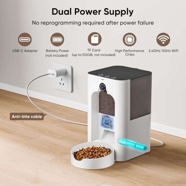 Comedero automático Wi-Fi Dual Band para gatos con cámara 2K y láser interactivo.