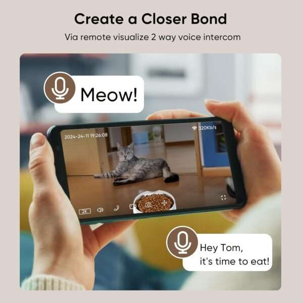 Comedero automático Wi-Fi Dual Band para gatos con cámara 2K y láser interactivo.