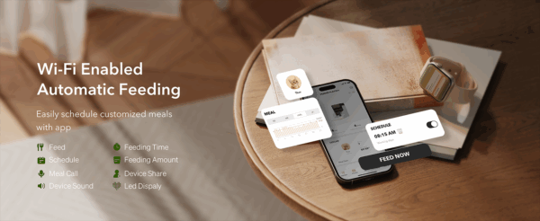 Comedero automático para gatos con etiqueta inteligente, Wi-Fi Dual Band, capacidad 3 litros.