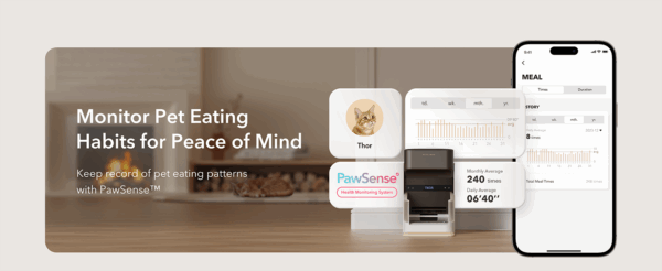 Comedero automático para gatos con etiqueta inteligente, Wi-Fi Dual Band, capacidad 3 litros.