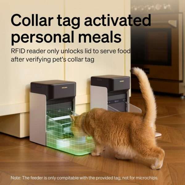 Comedero automático para gatos con etiqueta inteligente, Wi-Fi Dual Band, capacidad 3 litros.