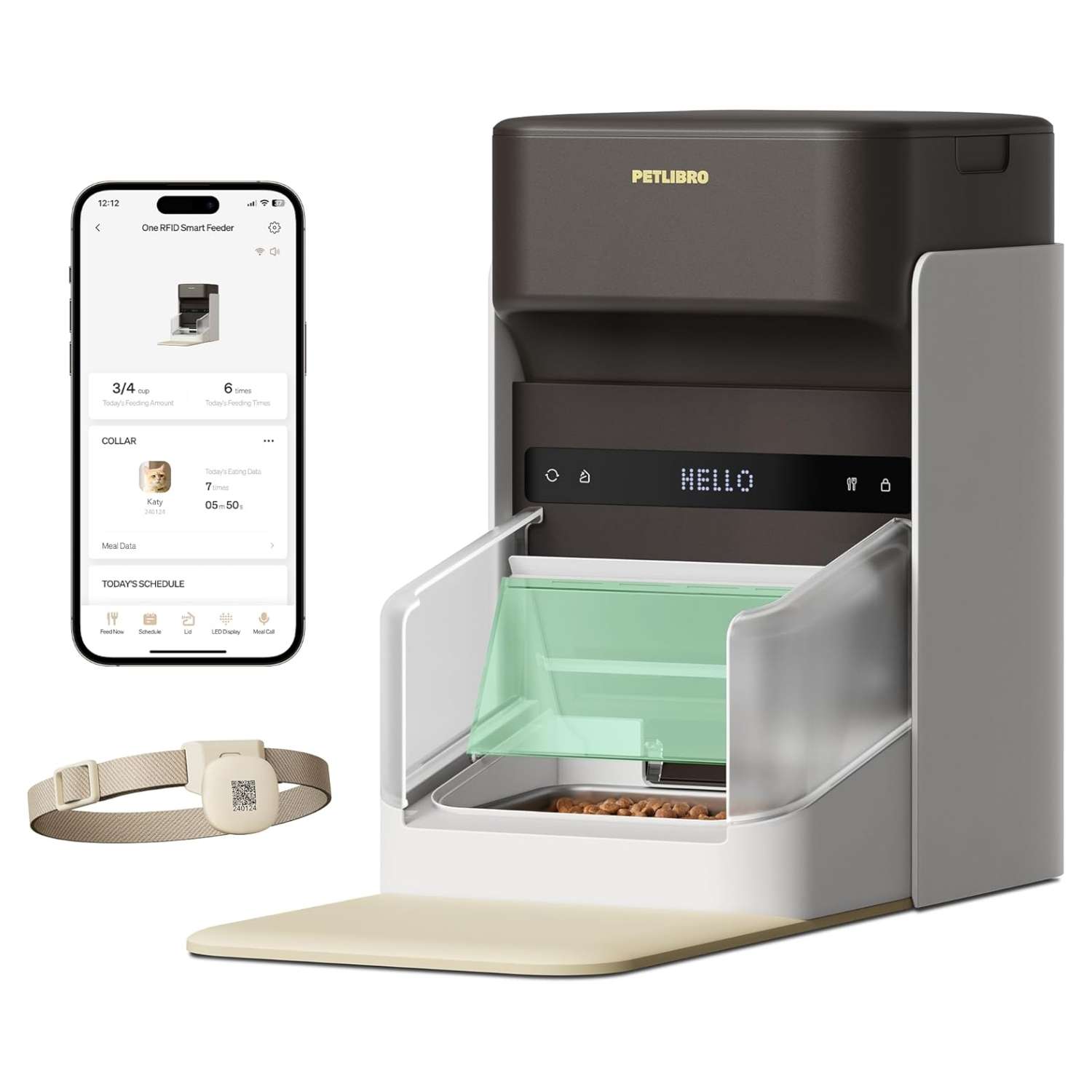 Comedero automático para gatos con etiqueta inteligente, Wi-Fi Dual Band, capacidad 3 litros.