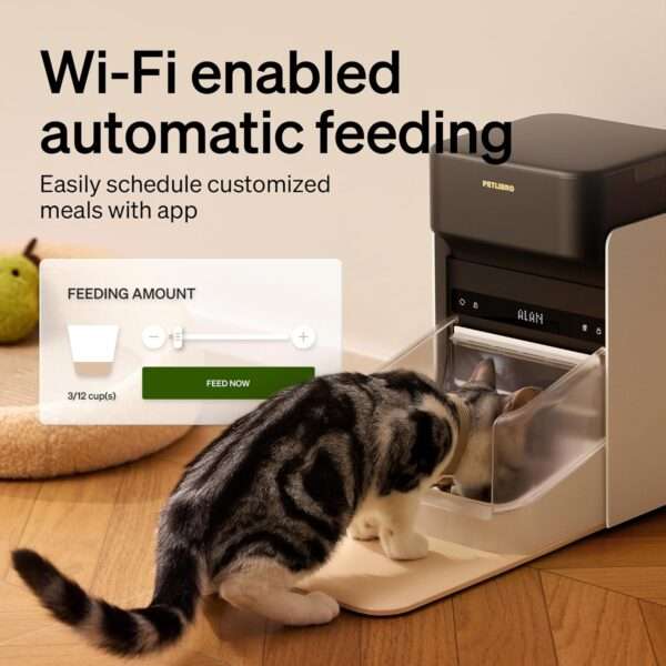 Comedero automático para gatos con etiqueta inteligente, Wi-Fi Dual Band, capacidad 3 litros.