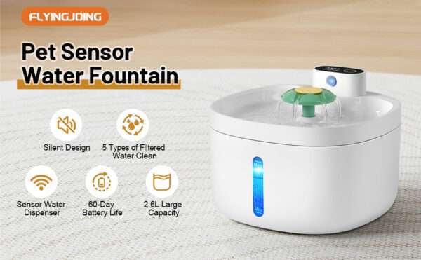 Fuente de agua inalámbrica 2.6L para perros y gatos. Bebedero automático con sensor de movimiento, ideal para ahorro de energía y comodidad.