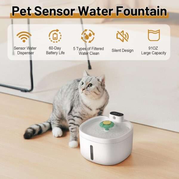 Fuente de agua inalámbrica 2.6L para perros y gatos. Bebedero automático con sensor de movimiento, ideal para ahorro de energía y comodidad.