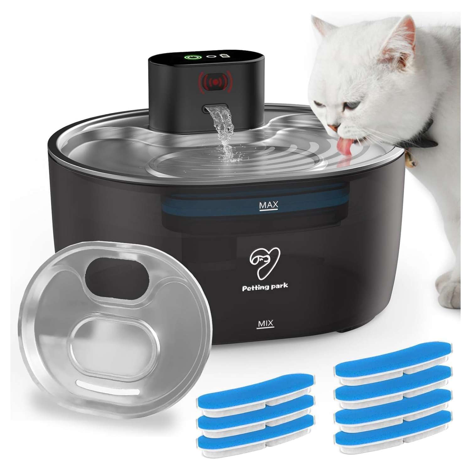 Fuente de agua inalámbrica de 3.2L para mascotas con sensor de movimiento. Bebedero inteligente para perros y gatos, con diseño moderno y sin cables.