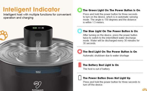 Fuente de agua inalámbrica de 3.2L para mascotas con sensor de movimiento. Bebedero inteligente para perros y gatos, con diseño moderno y sin cables.