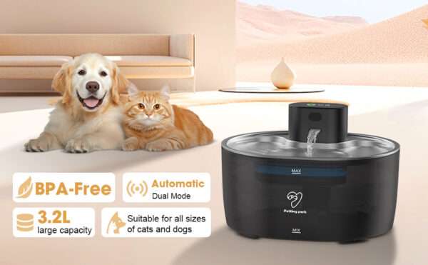 Fuente de agua inalámbrica de 3.2L para mascotas con sensor de movimiento. Bebedero inteligente para perros y gatos, con diseño moderno y sin cables.