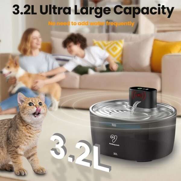 Fuente de agua inalámbrica de 3.2L para mascotas con sensor de movimiento. Bebedero inteligente para perros y gatos, con diseño moderno y sin cables.