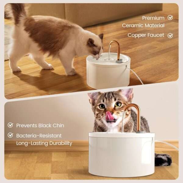 Fuente de agua de cerámica 2.1L para mascotas. Bebedero ultra silencioso, ideal para perros y gatos, con diseño elegante y fácil de limpiar.