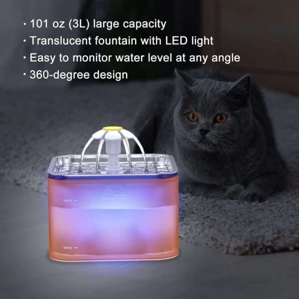 Fuente de agua para mascotas 3L con bandeja de acero inoxidable y luz LED. Bebedero higiénico y moderno para perros y gatos, con indicador de nivel.