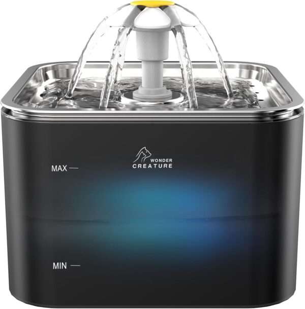 Fuente de agua para mascotas 3L con bandeja de acero inoxidable y luz LED. Bebedero higiénico y moderno para perros y gatos, con indicador de nivel.