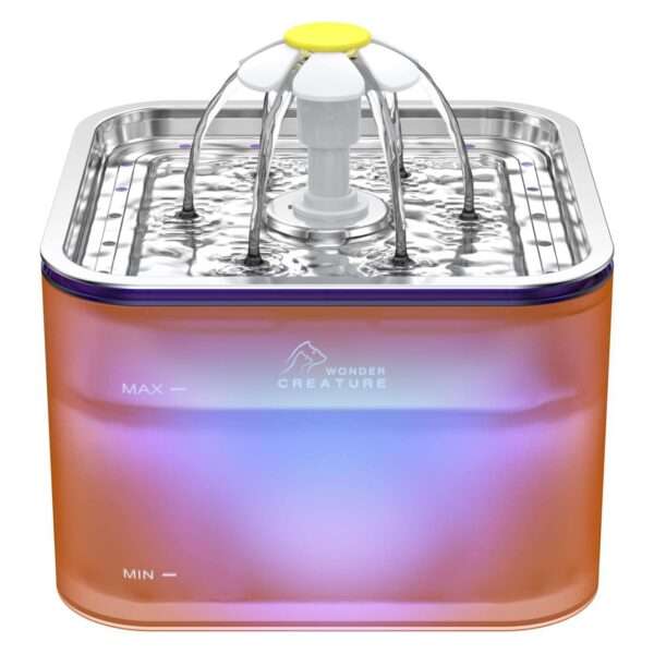 Fuente de agua para mascotas 3L con bandeja de acero inoxidable y luz LED. Bebedero higiénico y moderno para perros y gatos, con indicador de nivel.