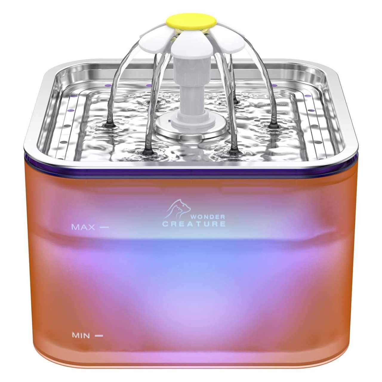 Fuente de agua para mascotas 3L con bandeja de acero inoxidable y luz LED. Bebedero higiénico y moderno para perros y gatos, con indicador de nivel.