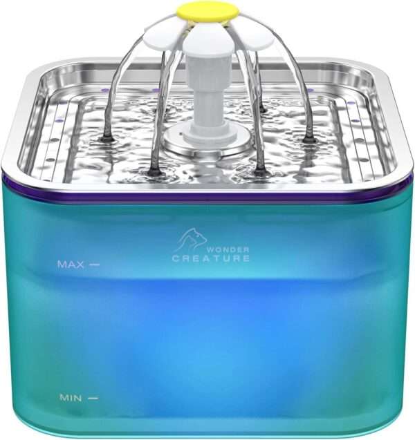 Fuente de agua para mascotas 3L con bandeja de acero inoxidable y luz LED. Bebedero higiénico y moderno para perros y gatos, con indicador de nivel.