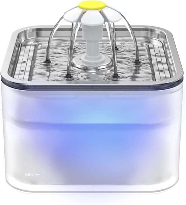 Fuente de agua para mascotas 3L con bandeja de acero inoxidable y luz LED. Bebedero higiénico y moderno para perros y gatos, con indicador de nivel.