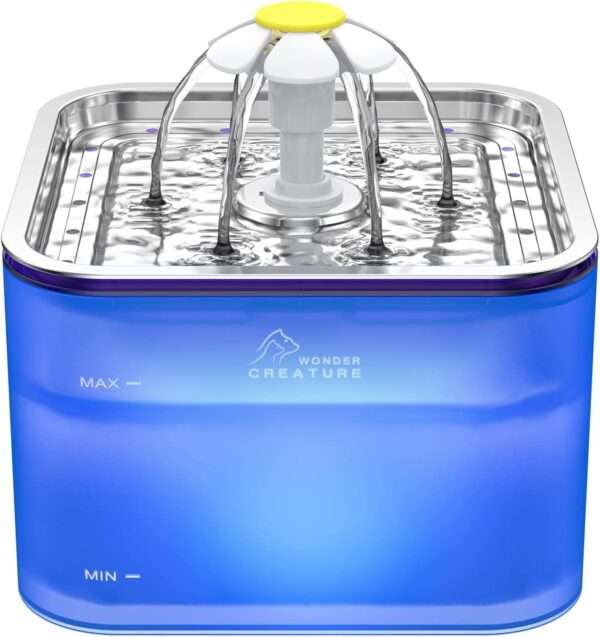 Fuente de agua para mascotas 3L con bandeja de acero inoxidable y luz LED. Bebedero higiénico y moderno para perros y gatos, con indicador de nivel.