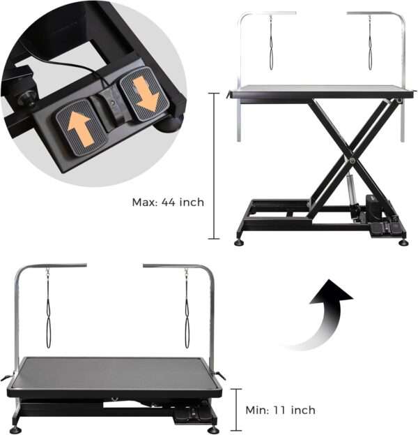 Mesa de peluquería canina eléctrica profesional con elevación automática, medidas 111x127x60 cm.