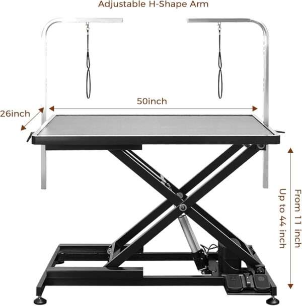 Mesa de peluquería canina eléctrica profesional con elevación automática, medidas 111x127x60 cm.