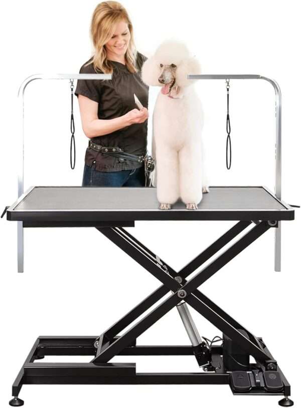 Mesa de peluquería canina eléctrica profesional con elevación automática, medidas 111x127x60 cm.