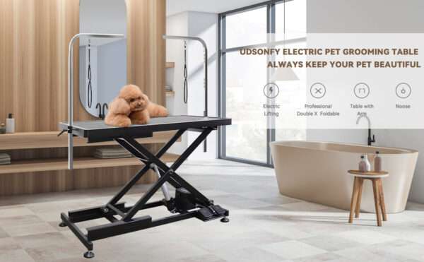 Mesa de peluquería canina eléctrica profesional con elevación automática, medidas 111x127x60 cm.