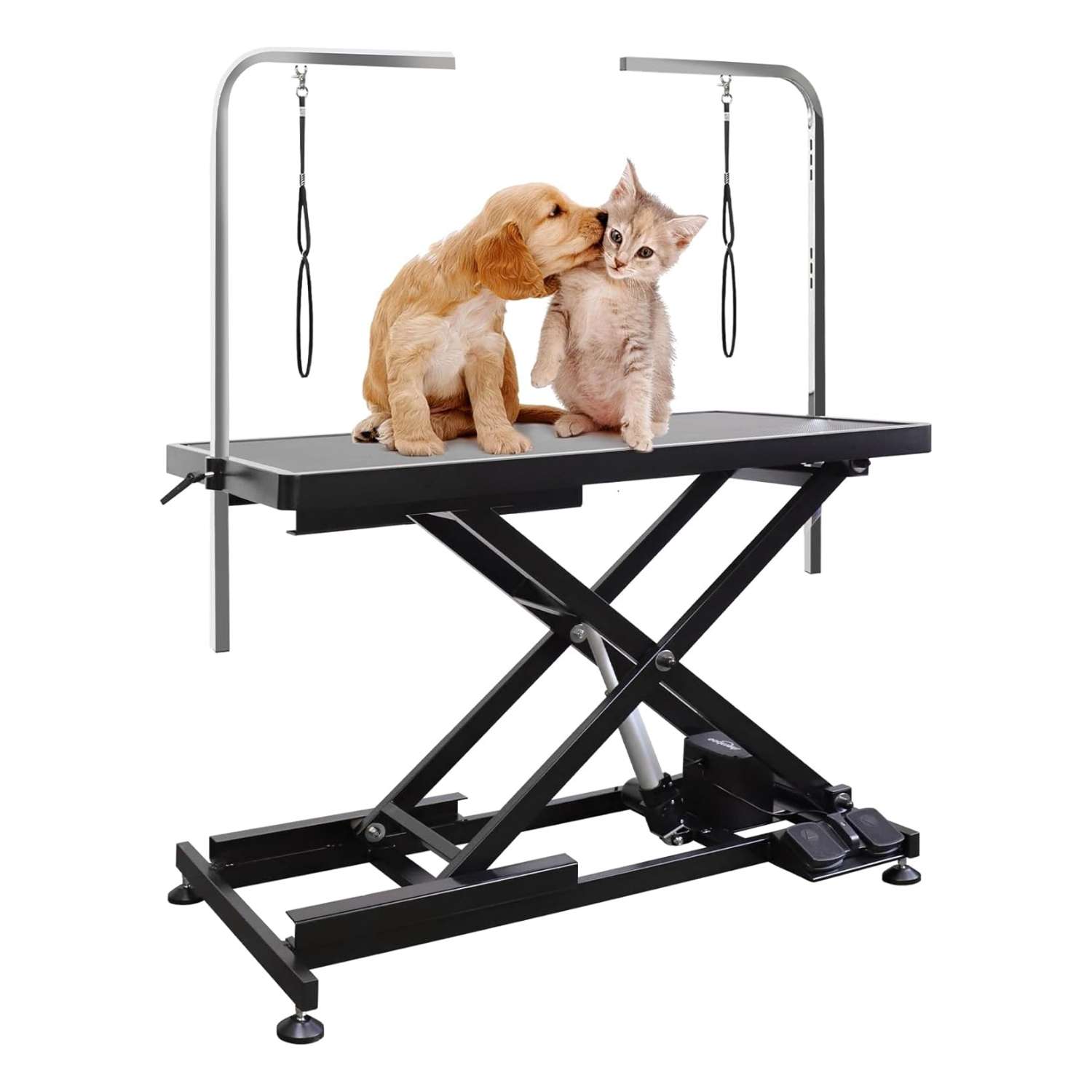 Mesa de peluquería canina eléctrica profesional con elevación automática, medidas 111x127x60 cm.