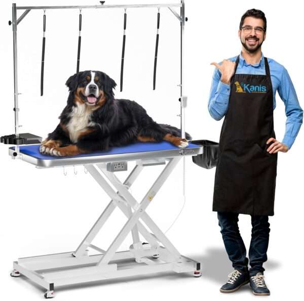 Mesa de peluquería canina eléctrica profesional con altura ajustable, ruedas y brazo de aseo, 124x101x64 cm.