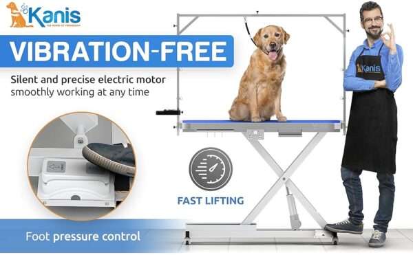 Mesa de peluquería canina eléctrica profesional con altura ajustable, ruedas y brazo de aseo, 124x101x64 cm.