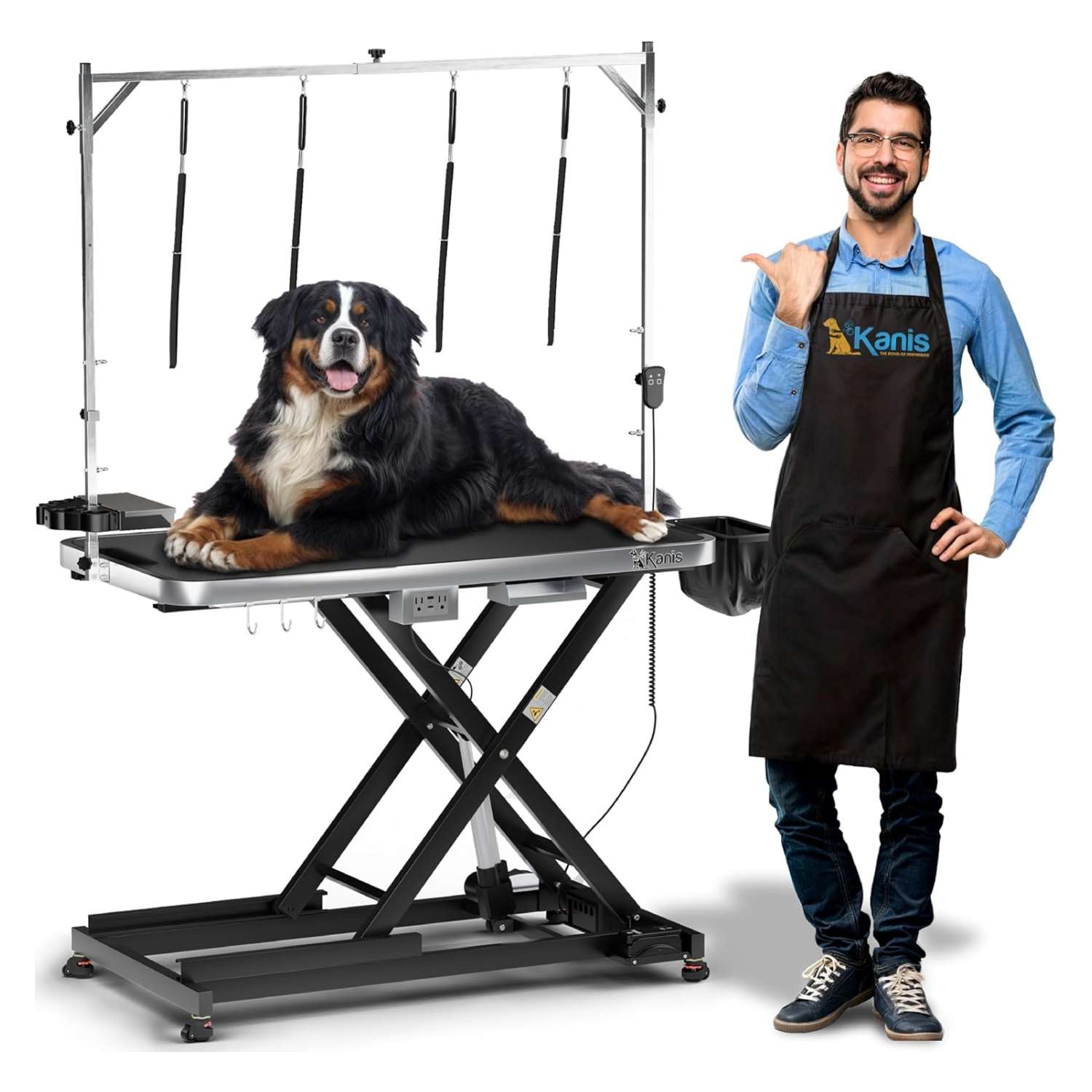 Mesa de peluquería canina eléctrica profesional con altura ajustable, ruedas y brazo de aseo, 124x101x64 cm.