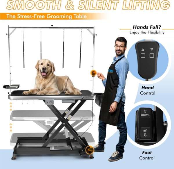 Mesa de peluquería canina eléctrica profesional con altura ajustable, ruedas y brazo de aseo, 124x101x64 cm.