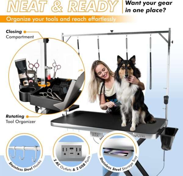 Mesa de peluquería canina eléctrica profesional con altura ajustable, ruedas y brazo de aseo, 124x101x64 cm.