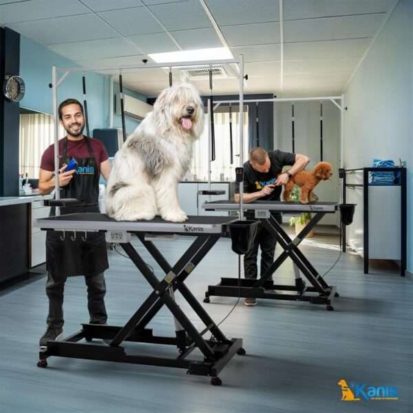 Mesa de peluquería canina eléctrica profesional con altura ajustable, ruedas y brazo de aseo, 124x101x64 cm.