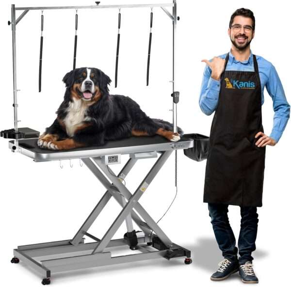 Mesa de peluquería canina eléctrica profesional con altura ajustable, ruedas y brazo de aseo, 124x101x64 cm.