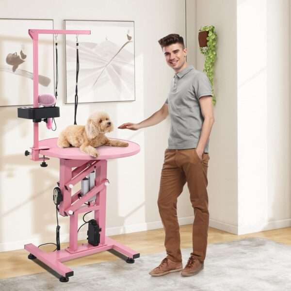 Mesa eléctrica profesional para peluquería canina con superficie giratoria de 360 grados, dimensiones 60x60x99 cm.